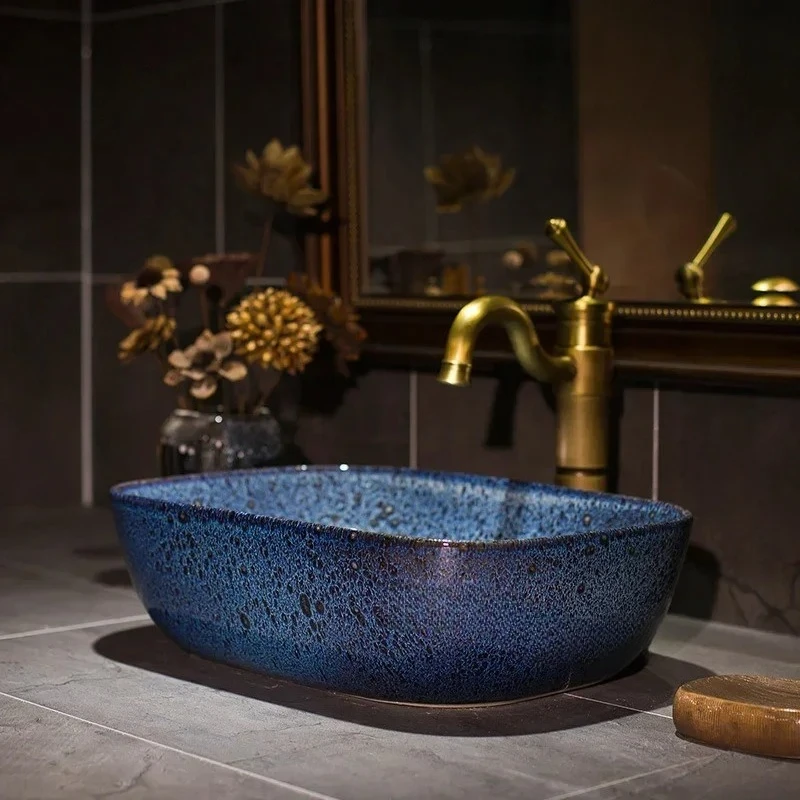 Blue Bathroom Sinks Modern Household Wash Basins Simple Ceramic Bathroom Washing Sink Toilet Above Counter Basin Oval N