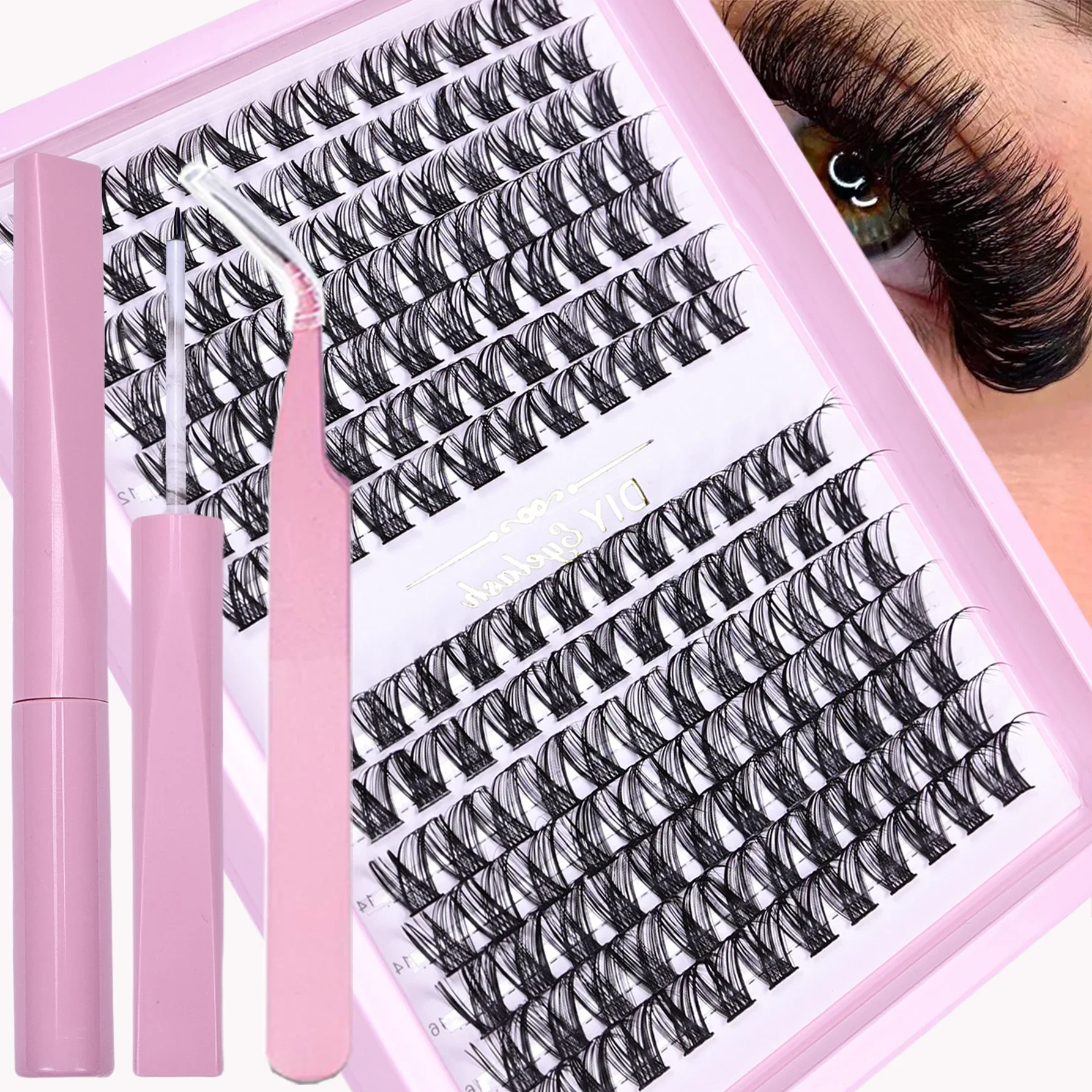 D Curl Lash Clusters in 168-teiligem Wimpernverlängerungsset – individuelles DIY-Wimpern-Set für falsche Wimpern mit Kleber und Dichtstoff und Pinzette