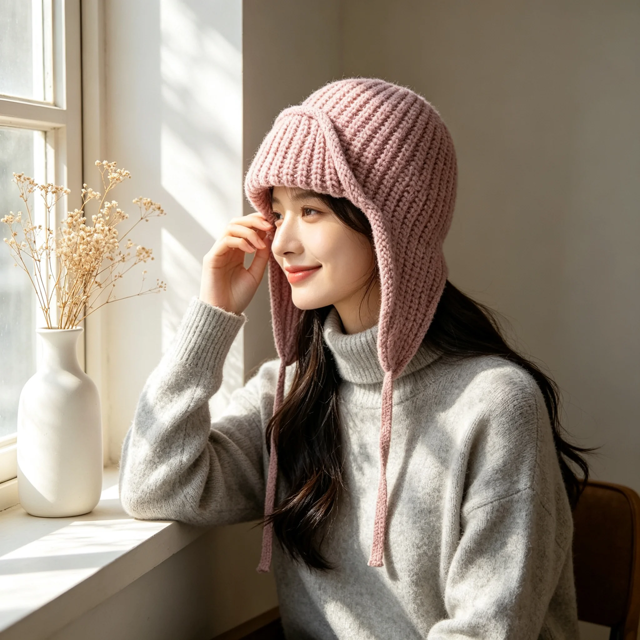 秋冬ニット耳当て付きビーニー帽 レディース 厚手暖かいトラッ - Trapper Hat Ear Flap のレビューと価格