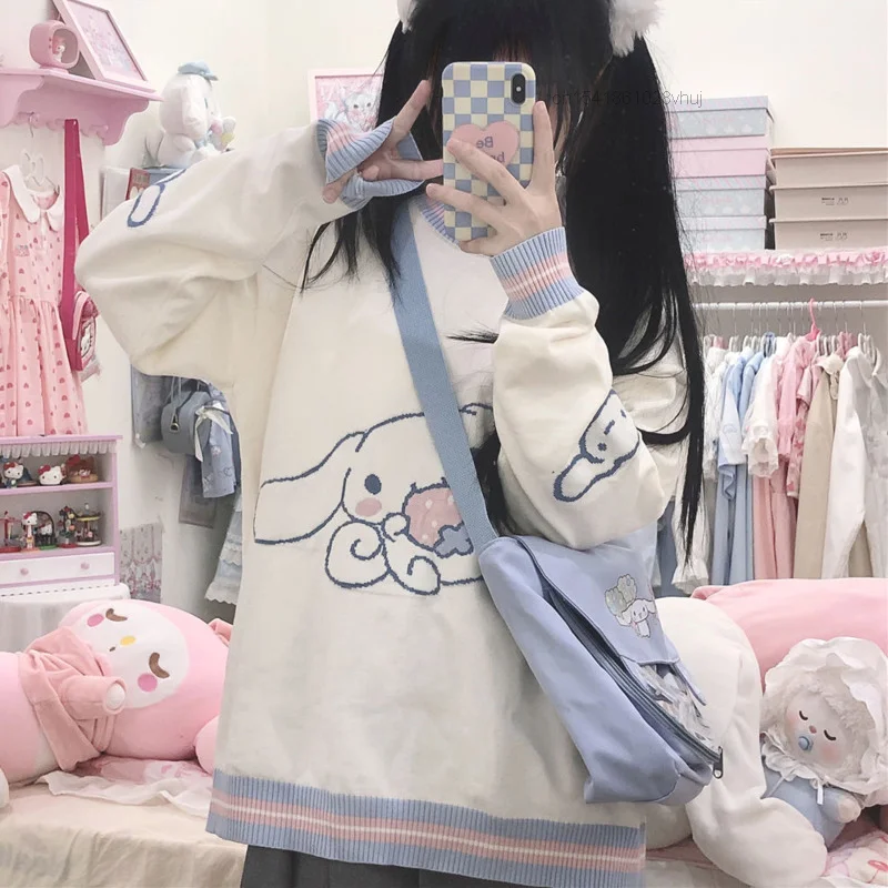 Outono inverno y2k sanrio cinnamoroll camisola dos desenhos animados japoneses anime faculdade estilo adorável manga longa pulôver de malha superior