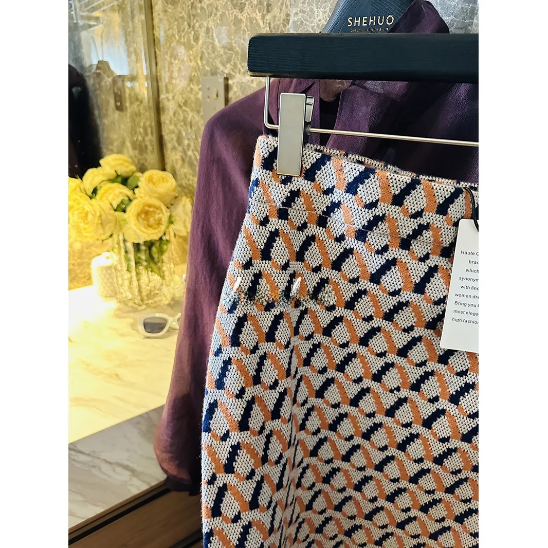 

Vintage Wool Plaid Skirt Soft ey And Orange Design High Waist Ci Commute Suitable Ladies Skirt Hand Ironed Pleats