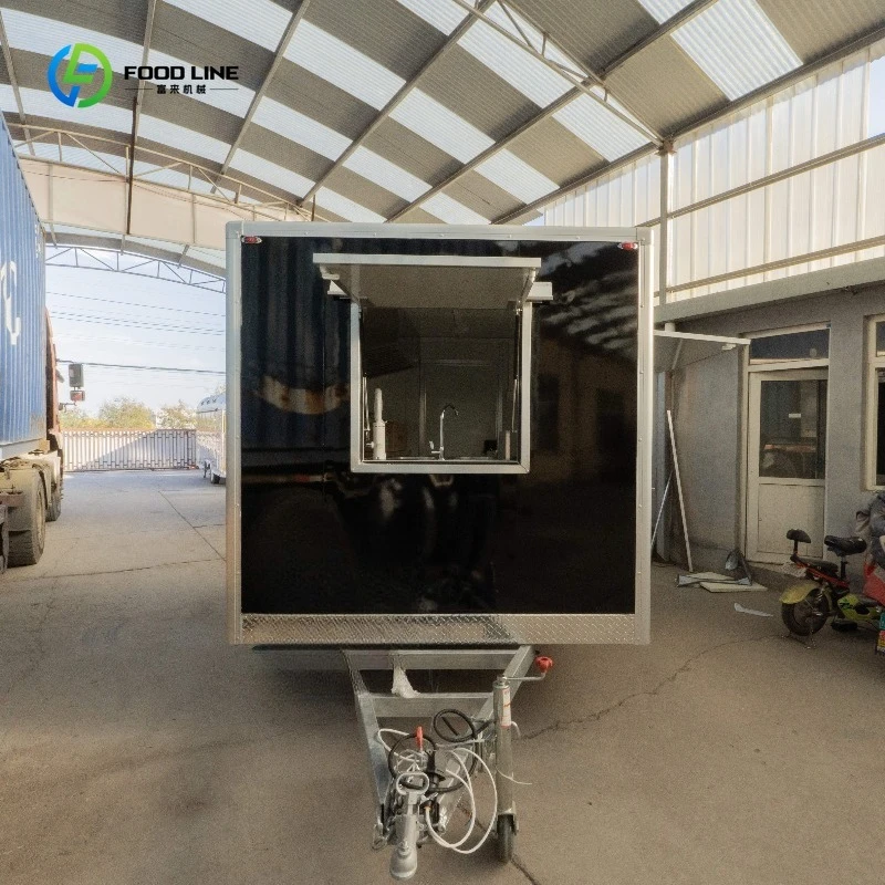 Carrinho de comida móvel de caminhão de comida preto de um eixo com exaustor de pias de duas rodas