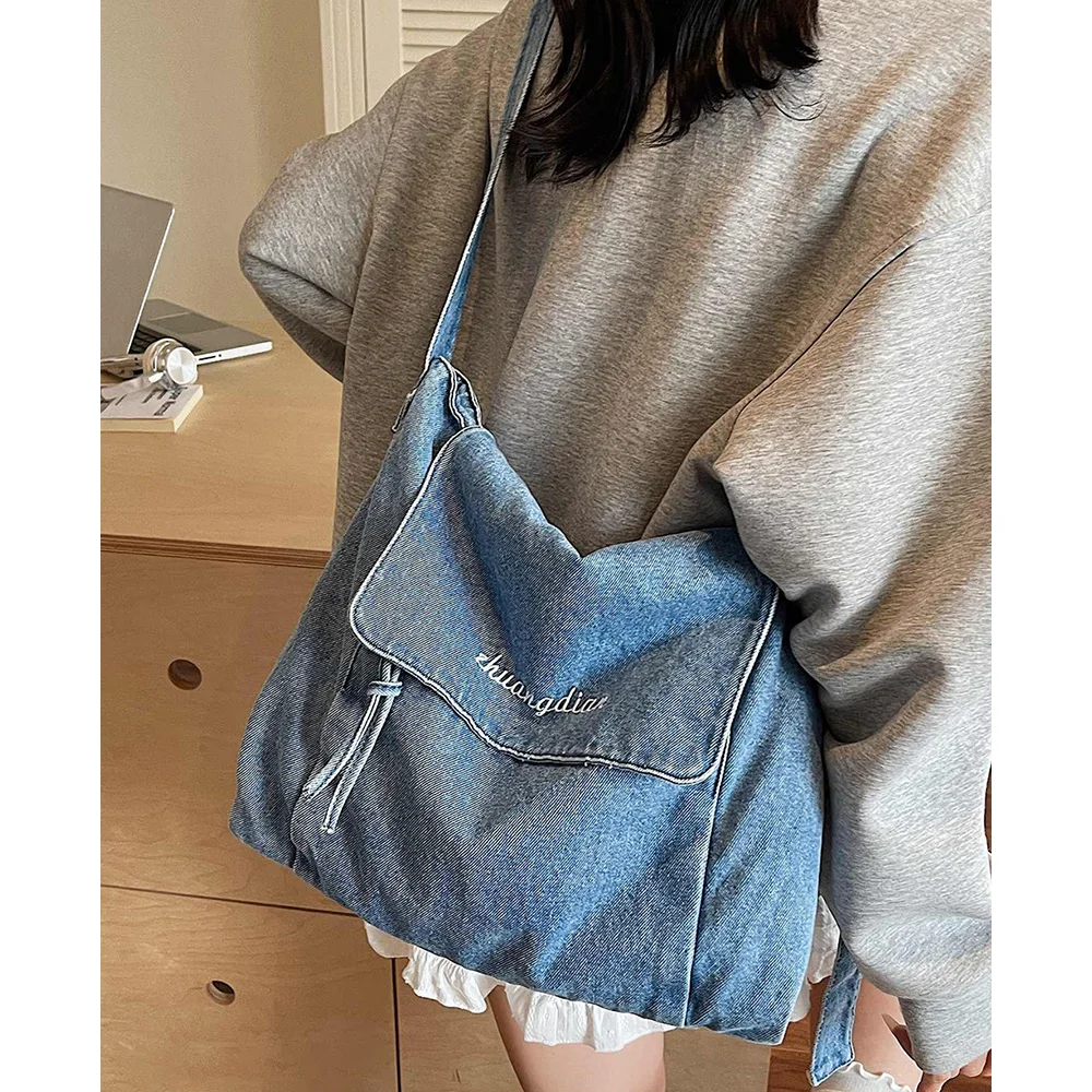 

Korean Style Denim Canvas Messenger Bags Women Casual Simple Crossbody Bag Versatile Outdoor Traveling Single Shoulder Bag