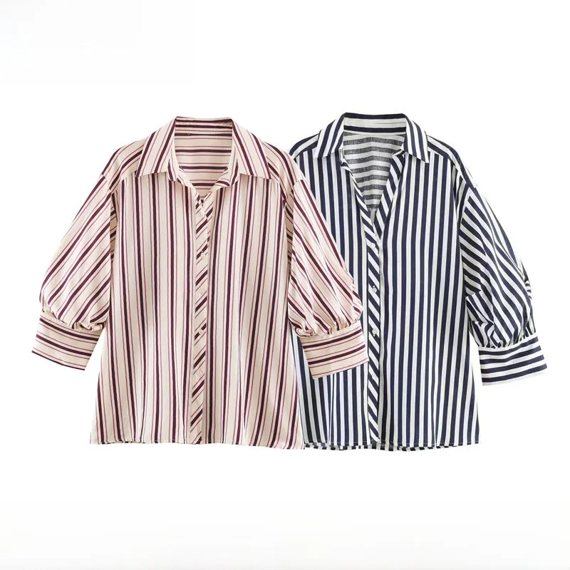 Fashionable Striped Bubble Sleeve Shirt Women's Loose Fit Polyester Fiber Breathable Skin-Friendly Seven-Quarter Sleeve Shirt