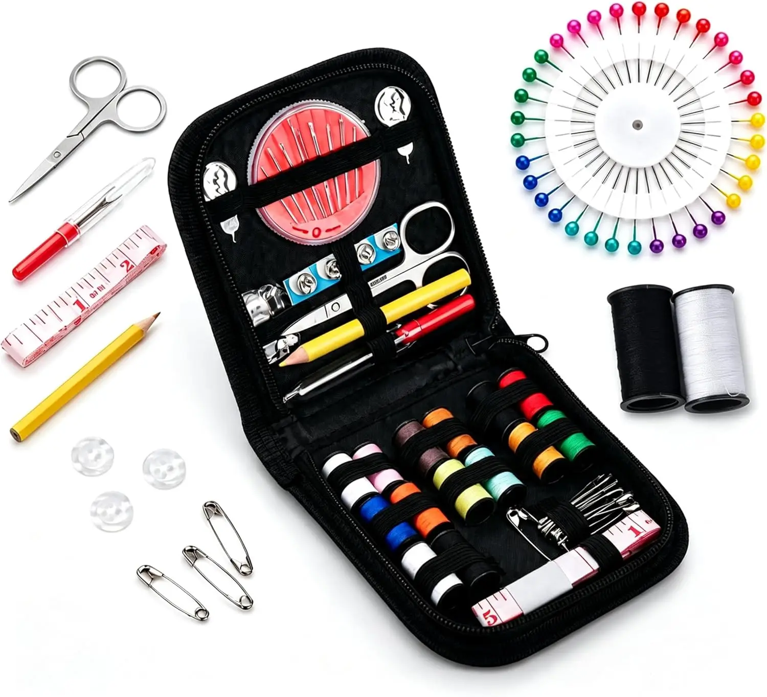 Kit de Costura Completo con 14 Bobinas de Hilo, Agujas, Tijeras, Cinta Métrica y Botones para Principiantes, Adultos y Viajeros