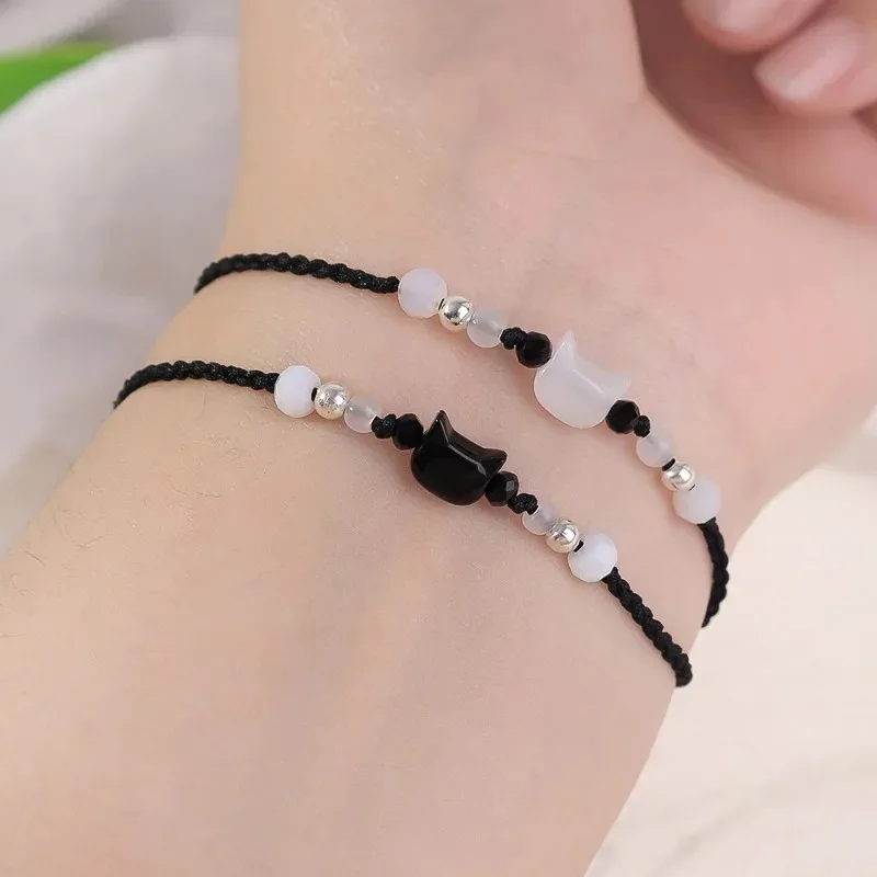 1/2pcs Simple Handmade Beaded Cat Bracelets for Couple Lucky Black White Natural Moonstone Girls Bracelet Jewelry Accessories