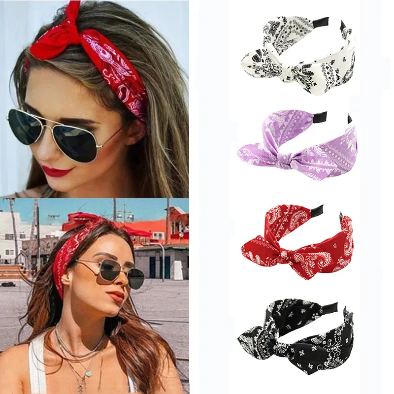 2024 Boho Floral Print Headbands Bow Wide Brimmed Head Hoop For Women Cross Knot Hairhoop Fashion Cotton Ears Knotted Hair Hoops