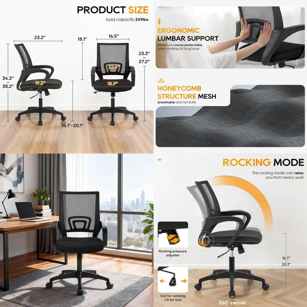 

Вращающееся офисное кресло с дышащей сетчатой спинкой, поясничной поддержкой, регулировкой высоты, мягким сиденьем и колесиками для мужчин и женщин