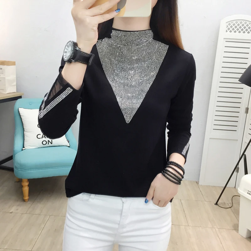 

Diamonds T Shirt Women 2022 Spring Autumn Clothes For Womens Long Sleeve Top Half Height Collar Casual Tshirt Cotton T Shirts