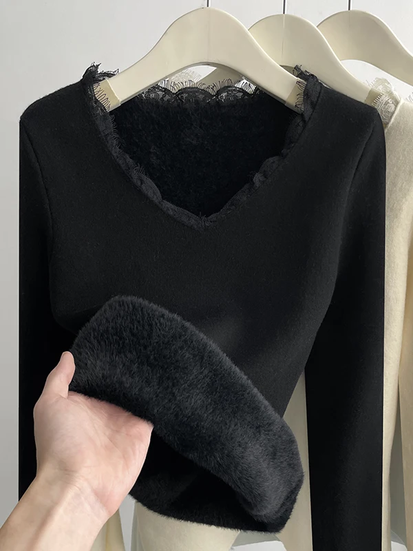 

Thiened Lace Knitted Base irt Women's Fce Inteated Velvet Long Sve V-ne Warm Winter Faionable Inner Wear Top
