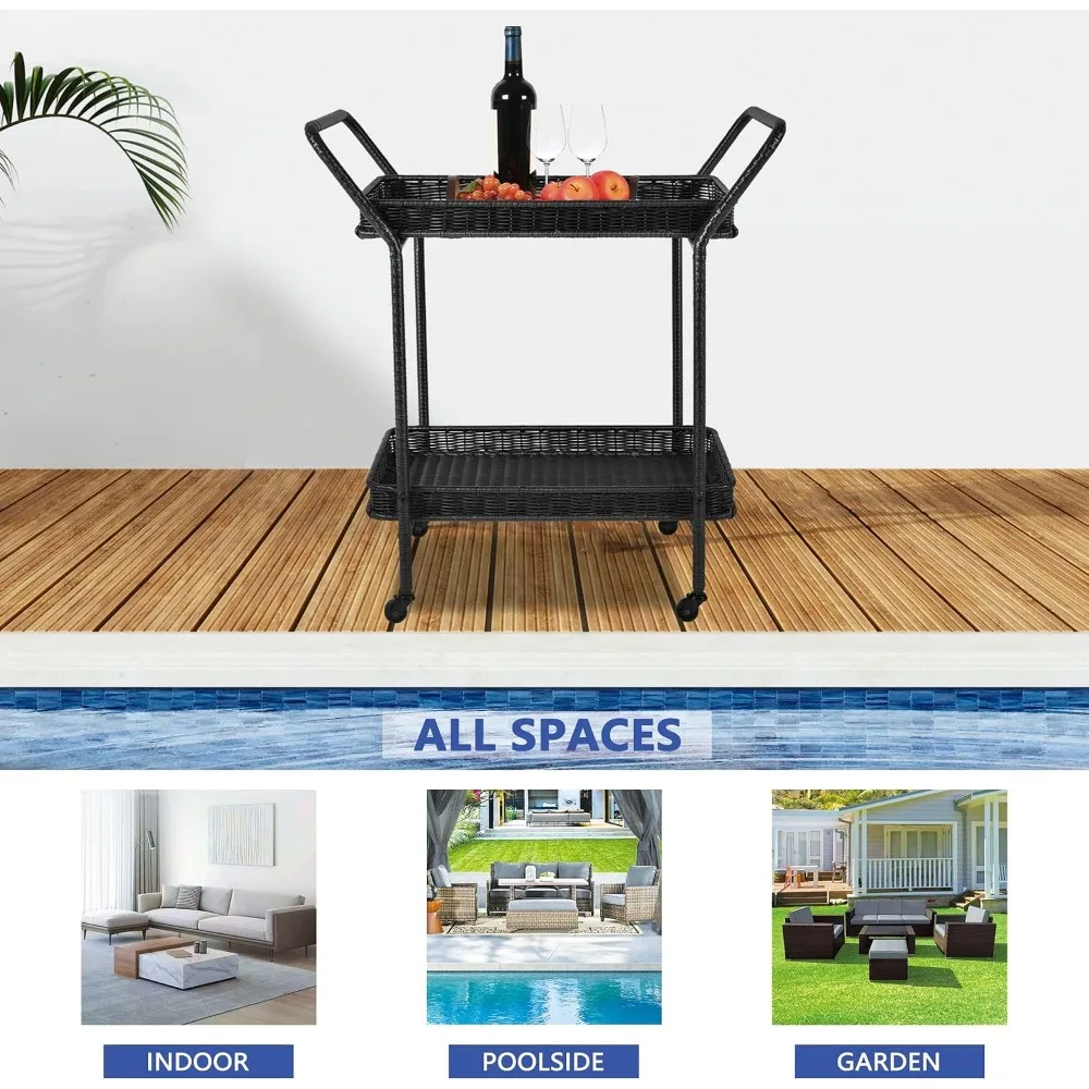 Wicker Patio Serving Cart in Black Outdoor Bar Cart for Deck Poolside Entertaining