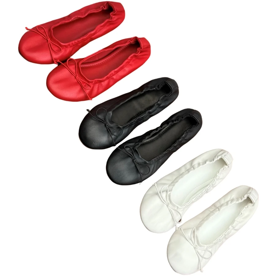 Women Soft Leather Ballet Flats Round Toe Bow Knot Slip‑On Flat Shoes Comfort Non‑Slip Ladies Casual Dancing Footwear  BH0210