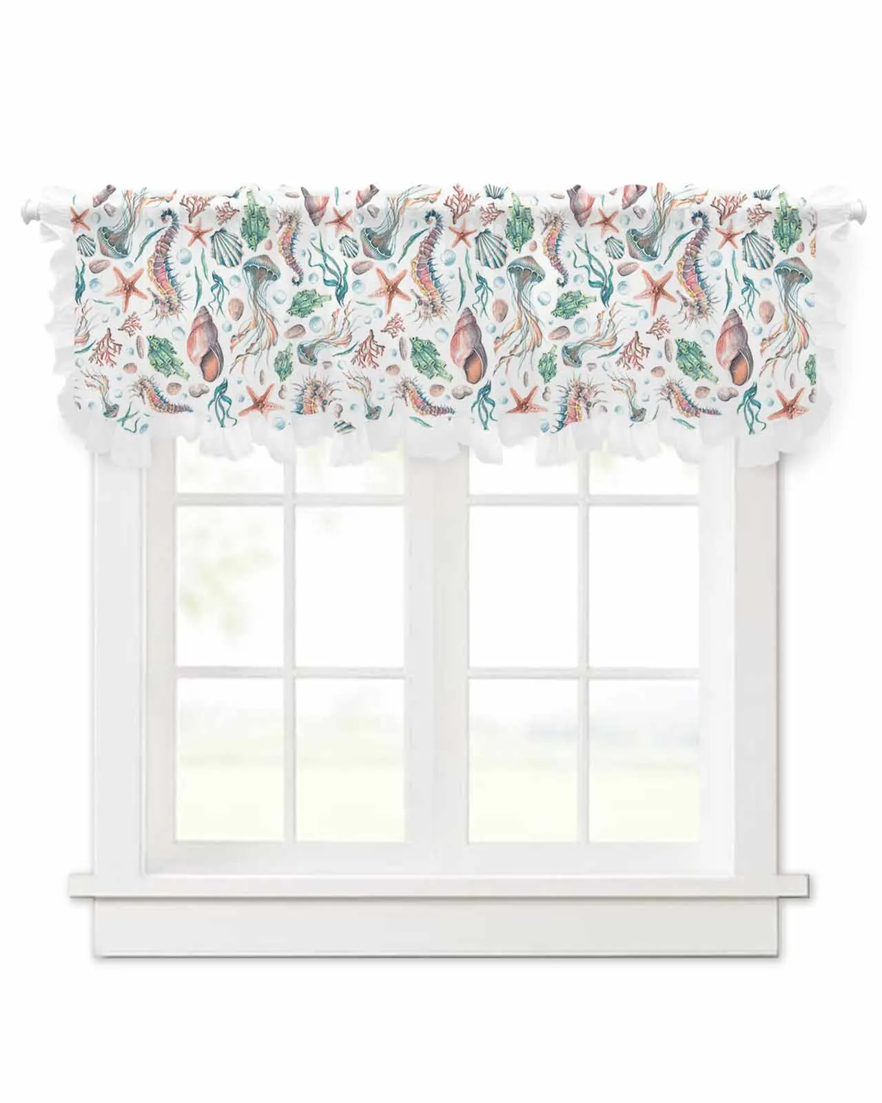 Sea Life Starfish Watercolor Short Tulle Half Curtains for Living Room Kitchen Door Cafe Window Sheer Valance Drapes