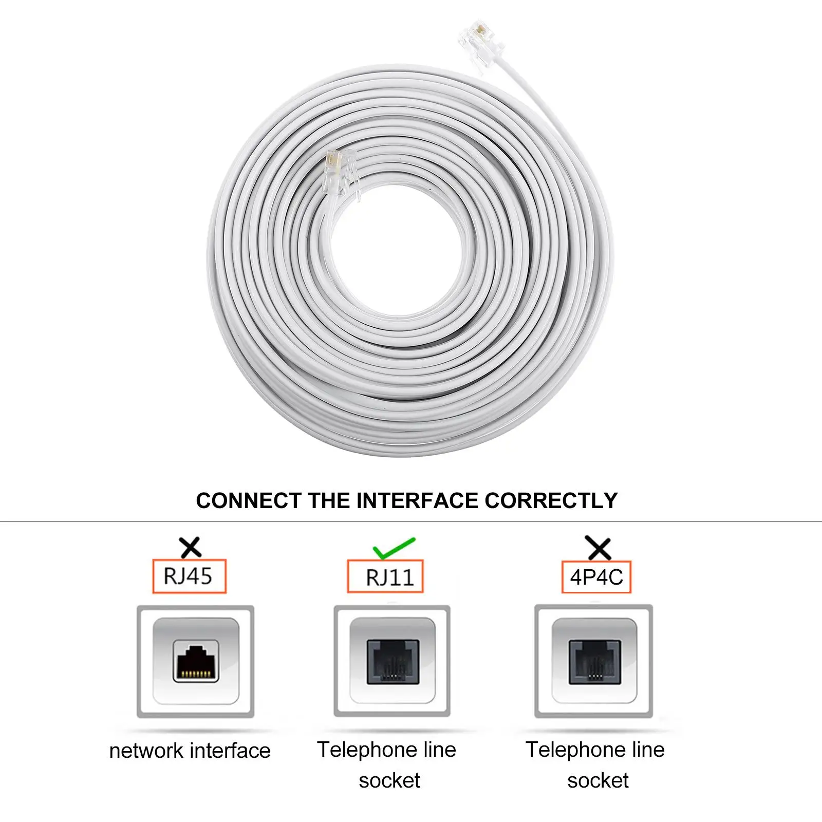 Phone Telephone Line Connecting Extension Cable Cord White Landline Wire 4-core