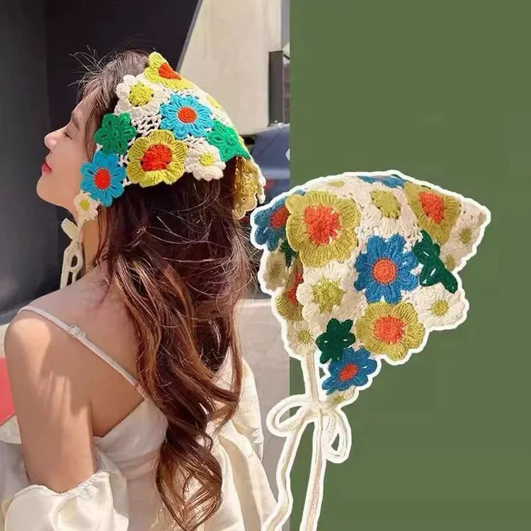 Korean Sweet Cute Handmade Crochet Hollow Triangle Headband Towel Women Spring and Summer Travel Literary Photo Hair Scarf image 2