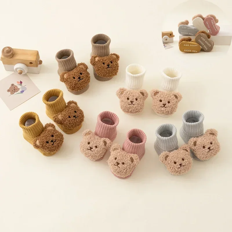 1pari Winter Autumn Bear Cartoon Baby Floor Sock Indoor Non-slip Doll Bear Cute for Toddler First Walker Middle Tube Socks