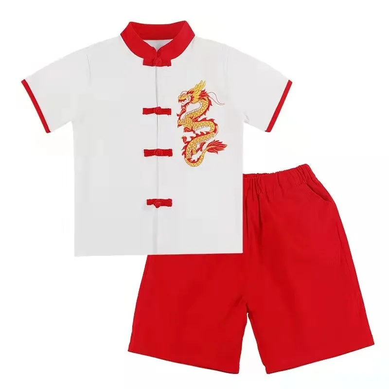 Children Summer New Embroidery Dragon Hanfu Girl And Boy Chinese Style Vintage Button Qipao Dress Performance Role Play Skirt