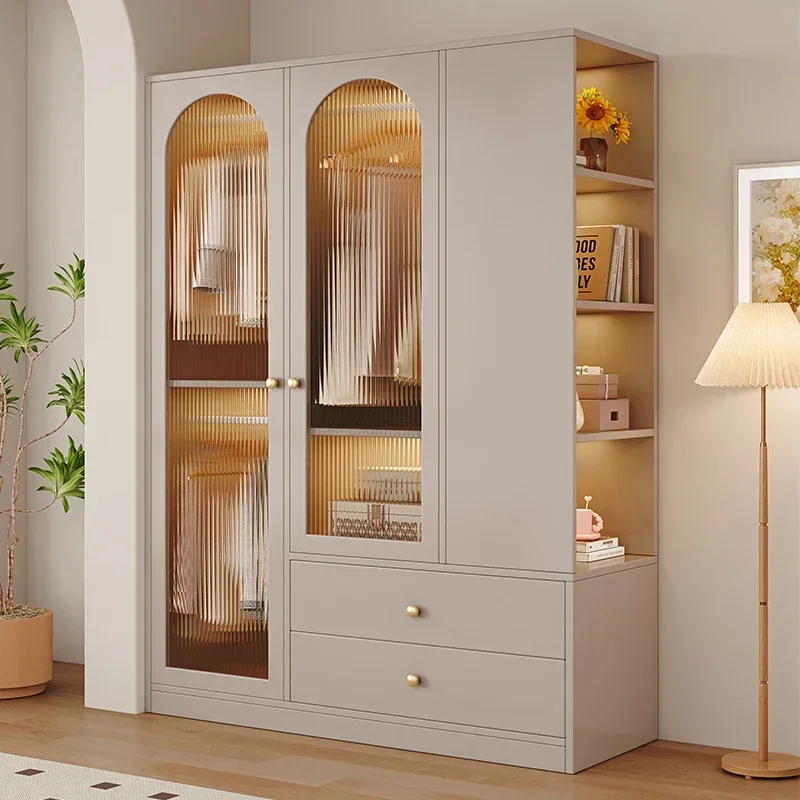 With Lamp Modern Closet Cabinet With Drawers White Solid Wood Cream Wind Bedroom Household Wardrobe Bedside Storage Glass Door