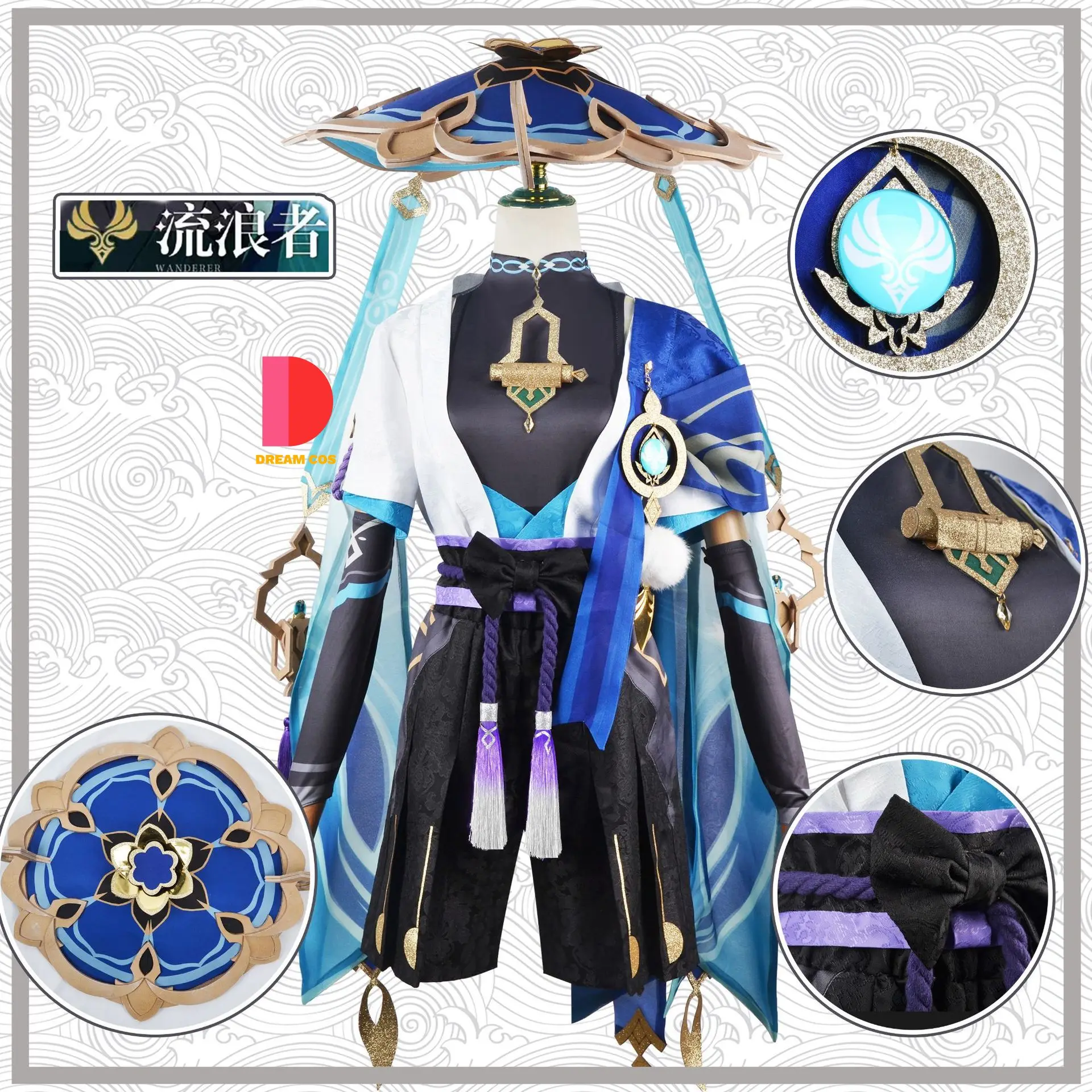 Genshin Impact elegante Scaramouche Cosplay Wanderer Kostüm Perücke Hut komplette Set Anime Halloween Uniform für Männer mit Accessoires