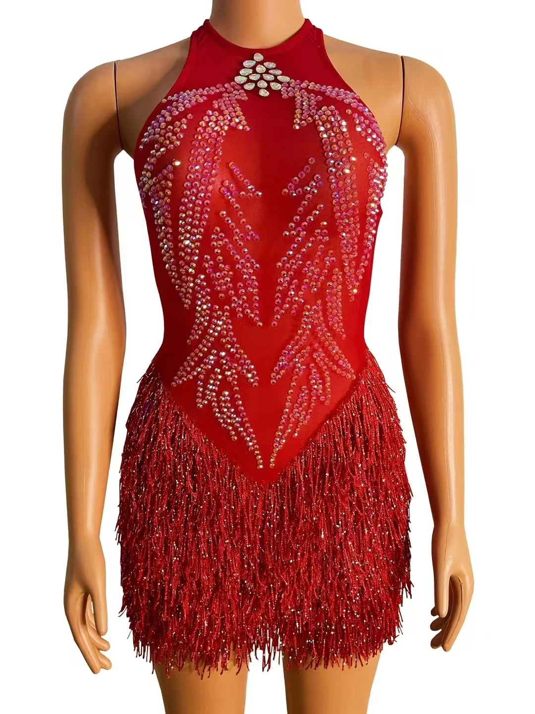 

Flashing Rhinestone Fringes Red Mesh PartyDress Desian 2024 Female Singer NightclubDance Outfit Performance Stage Show Wear A644