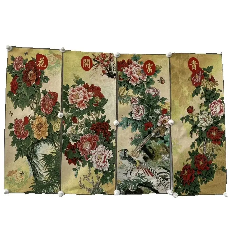 China Old Color Brocade Embroidery Four Screen Flower And Bird Pattern Wealth And Prosperity Blooming Flower Decorative painting