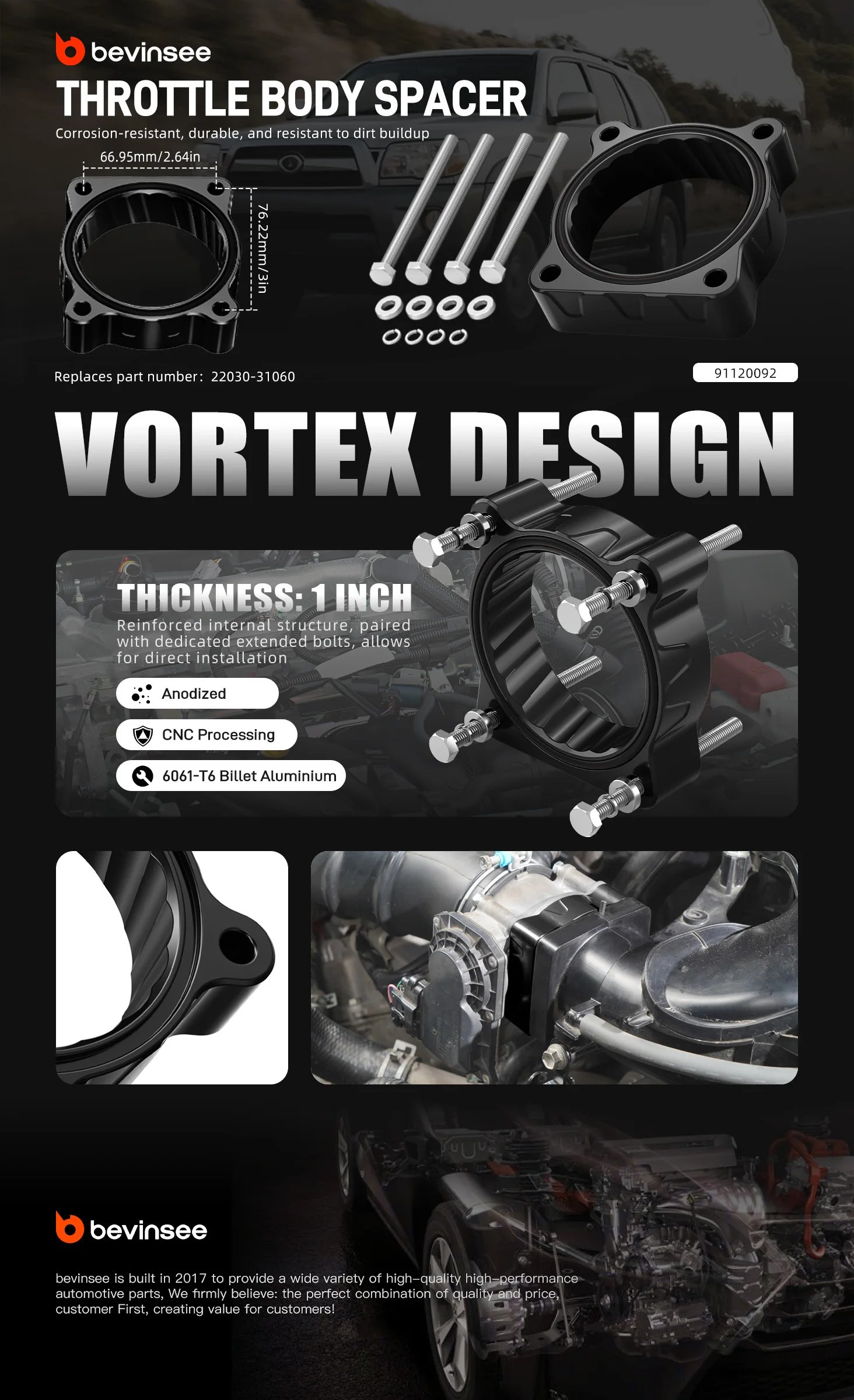 BEVINSEE Drosselklappengehäuse-Abstandshalter-Set für Toyota 4Runner/Tundra/FJ Cruiser, ersetzt 22030-31060 – Detail 2