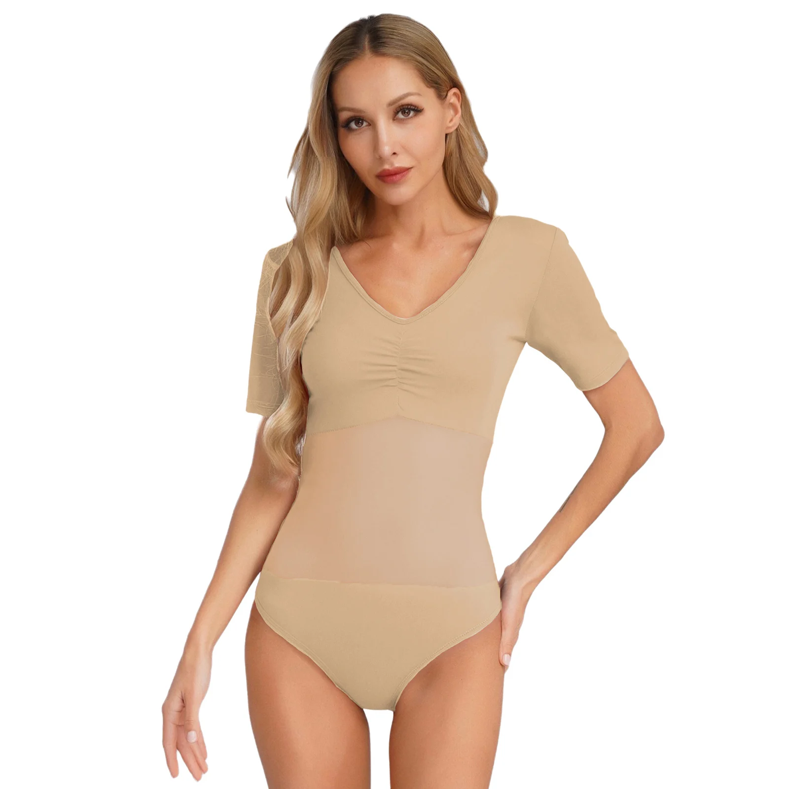 

Womens Ballet Dance Leotard V Neck Short Sleeve Mesh Splice Button Crotch Bodysuit Jumpsuit Yoga Gymnastics Workout Costume