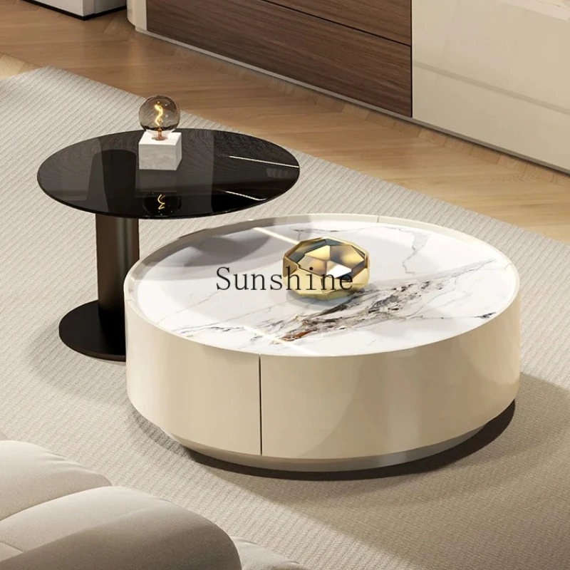 

Italian round high and low combination cream style high-end small apartment minimalist coffee table