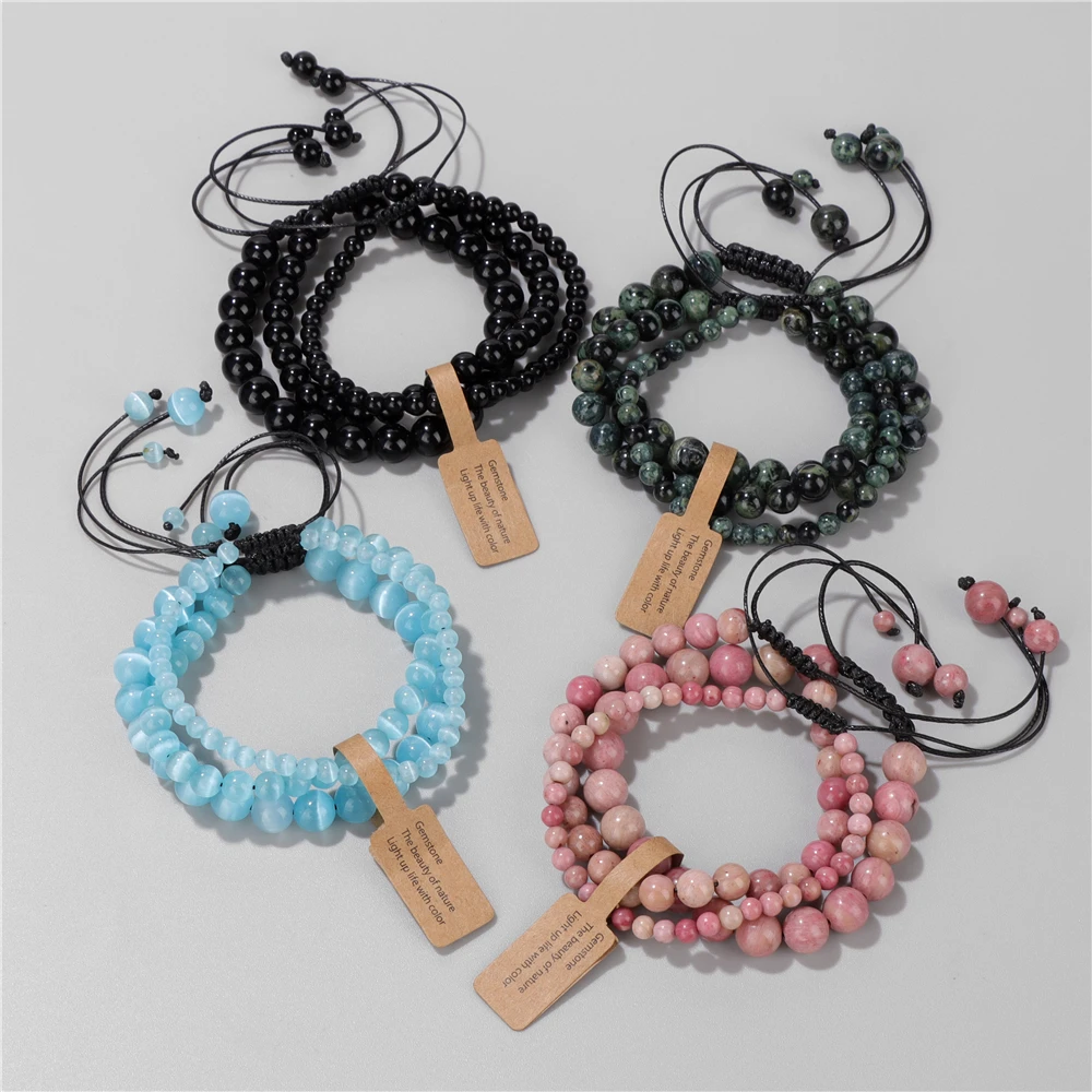 3pcs/set Beaded Bracelet Handmade 4 6 8mm Natural Stone Agates Tiger Eye Amazonite Beads Bracelets Men Women Healing Jewelry