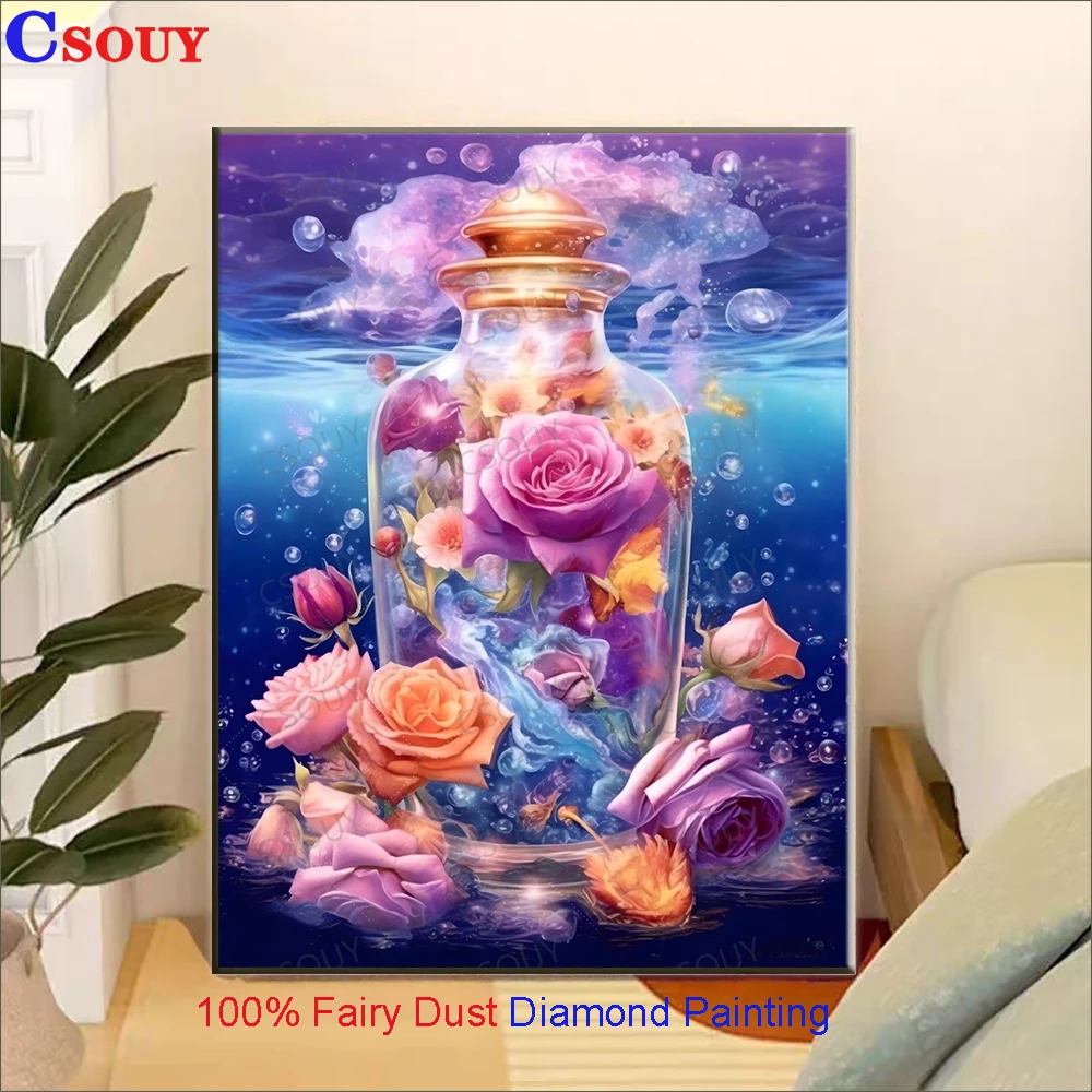 100% Fairy Dust Diy Diamond Painting Cross Stitch Flower Vase Rose Color Embroidery Square Mosaic Home Decor Needlework Crystal
