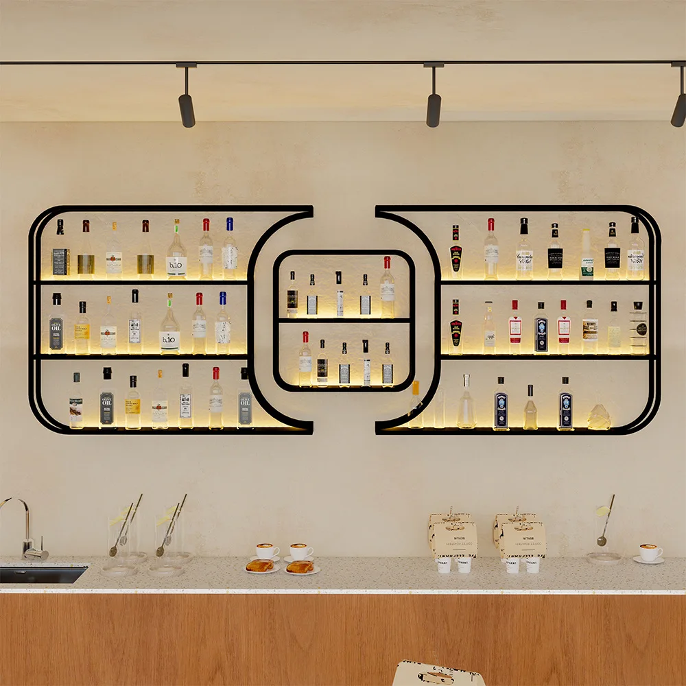 Restaurant wall-mounted wine cabinet display cabinet store simple wall wine rack bar wrought iron luminous wine rack display