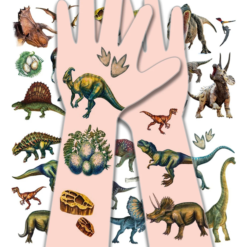 

6pcs Cute Tattoo Dinosaur Waterproof Temporary Tatto Sticker Color Cartoon Pattern Body Art Fake Tattoos Face Arm Women Men