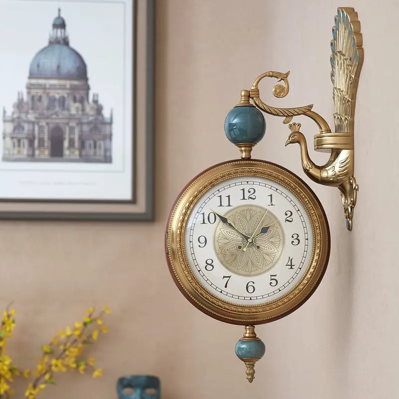 Lishida own factory direct sales peacock European electroplating living room silent double-sided clock American living