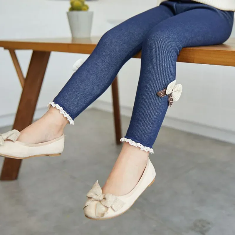Girls Jean Pants Autumn Winter Warm Children Leggings Thicken Velvet Bowknot Kids Trousers Baby Girl Pants Icing Leggings