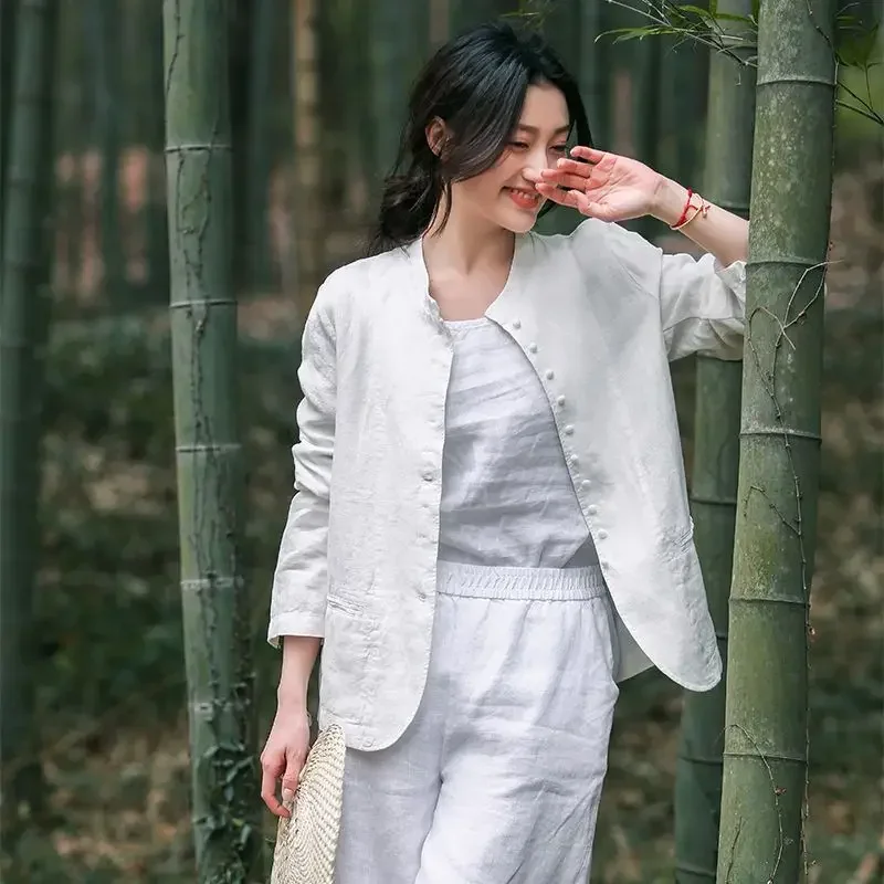 Retro Chinese Style Cotton Linen Suit Jacket Women‘s Blouse 2024 New Fashion Spring Autumn Thin Coat Outerwear Casaco Feminino