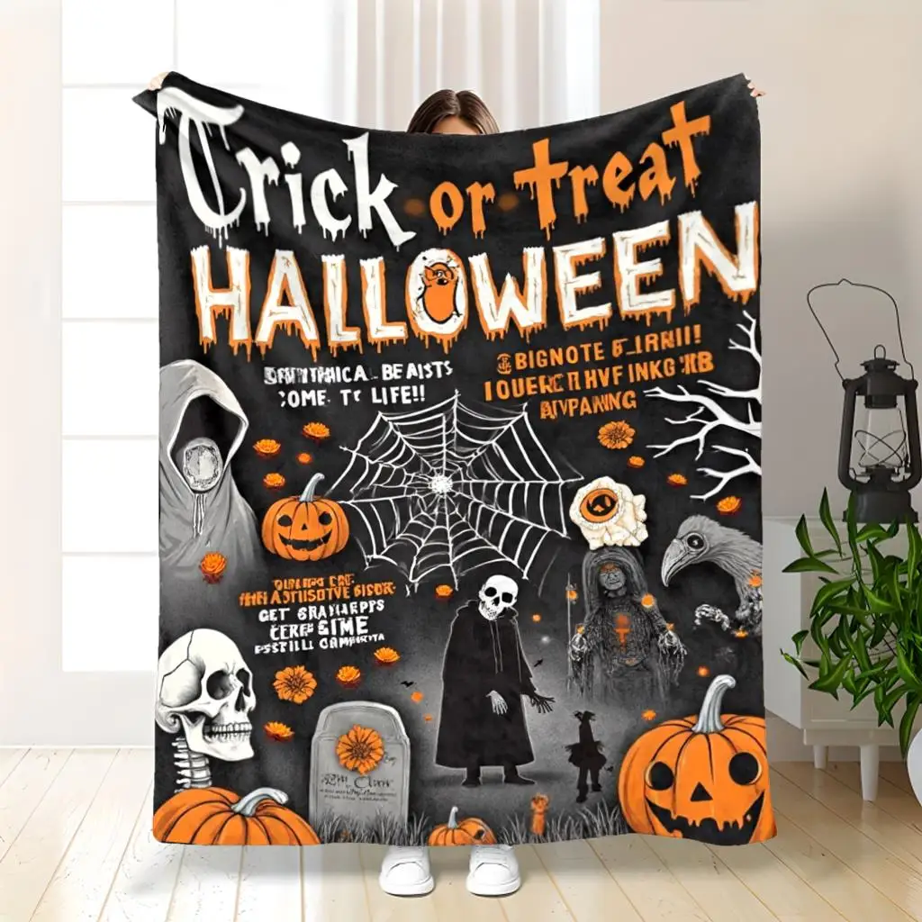 Open 1pc Halloween Blanket, Halloween Pumpkin Gift, Unisex, Halloween Flannel Blanket, Home Decoration Blanket, Sofa Blanket, Throw Blanket Men's T-Shirts Single-Sided Printing Wash Gift 280GSM