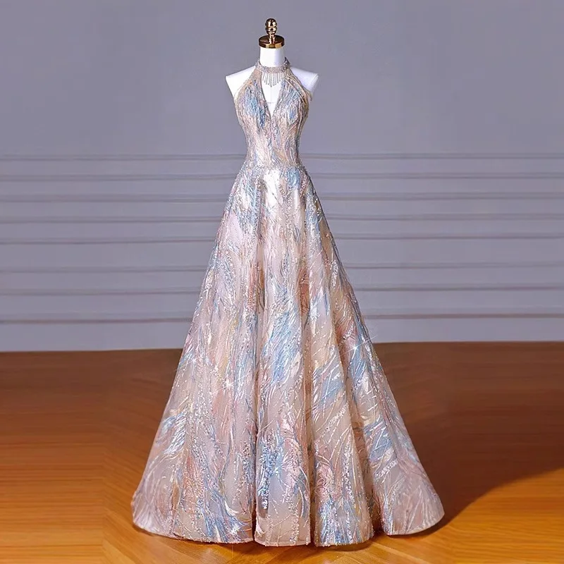 

French Sexy Tulle Halter Prom Gown For Women Sequin Embroidery A-line Banquet Dresses Back Lace Up Floor-length Evening Dress