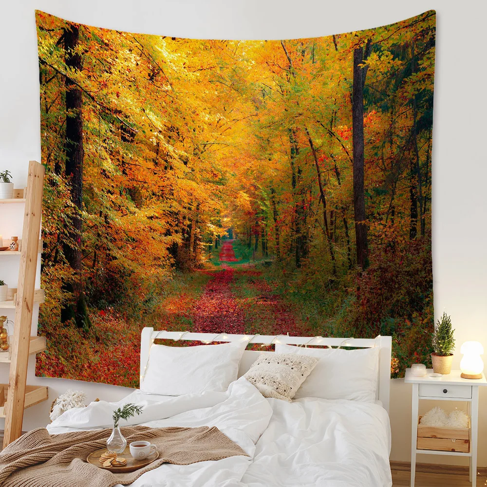 Autumn Yellow Forest Stream Landscape Tapestry Maple Trees Leaves Wall Hanging Hippie Tapiz  Decor Tapestries  Carpets