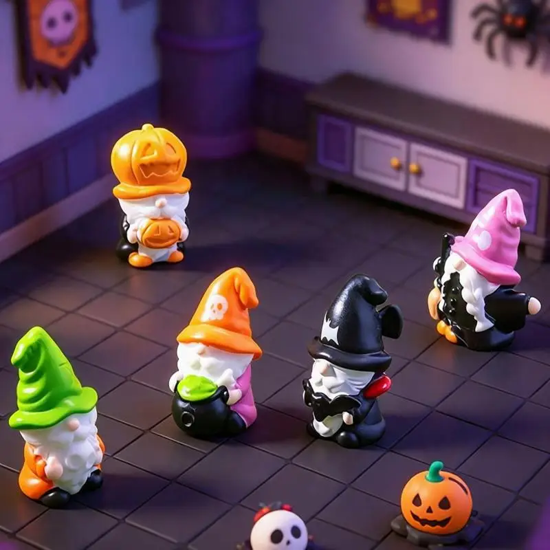 5pcs Cute Mini Halloween Gnome Resin Figurine Craft Ornament Desktop Home Indoor Party Festival Photo Decor Accessory