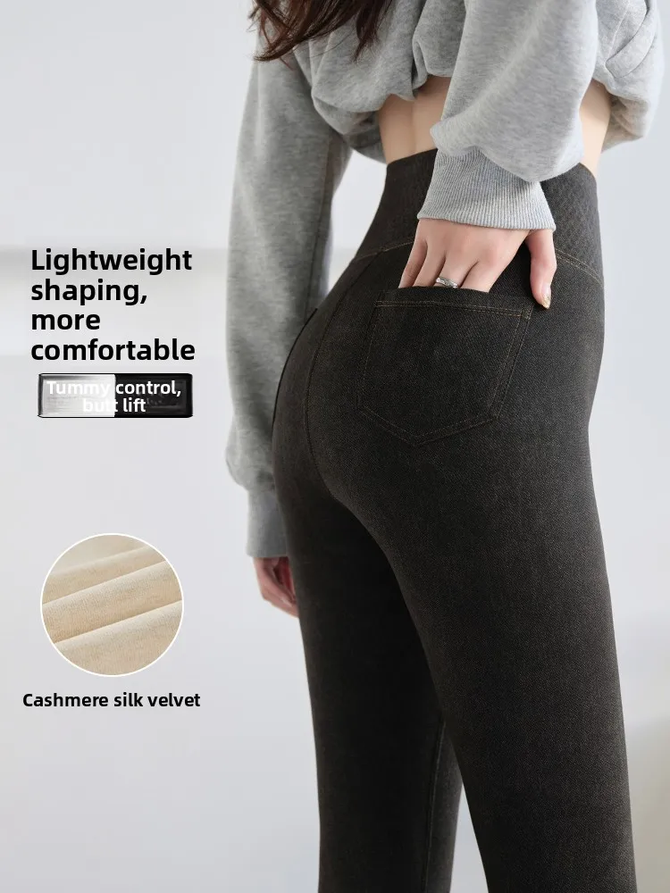 

High-Waist Faux Denim Yoga Pants Winter Warm Fitn Trousers ark ape Thiened Stretchy Leggings for Women