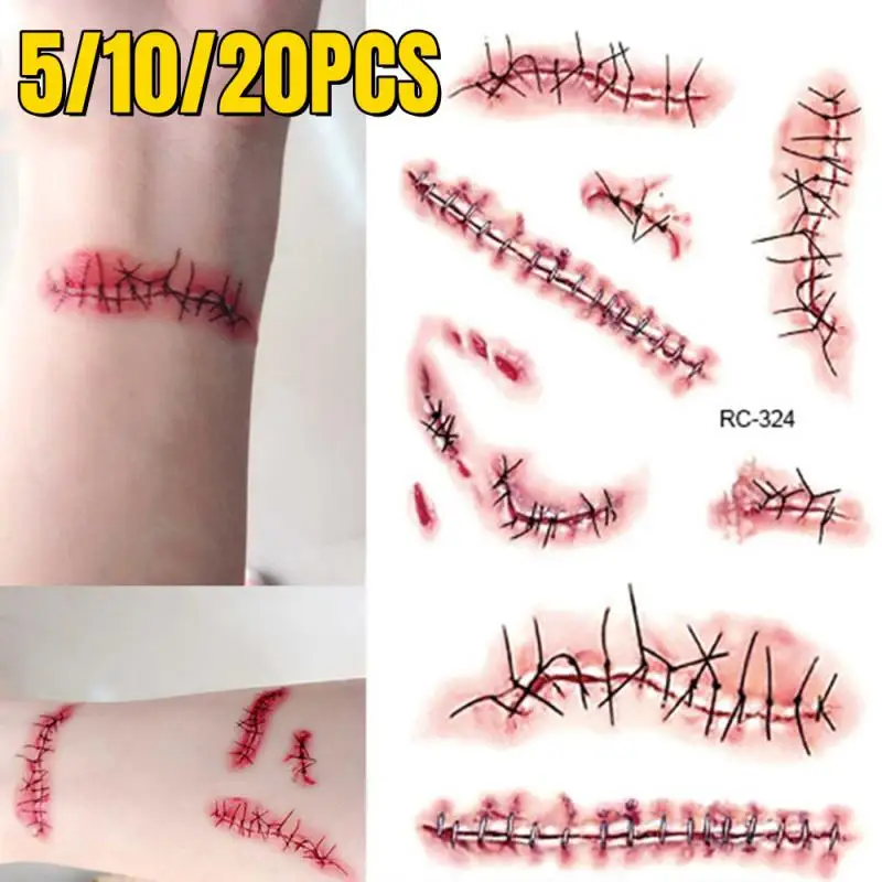 3D Fake Scar Tattoos Sticker Body Face Realistic Scab Temporary Tattoos Halloween Horror Wound Bloody DIY Makeup Stickers