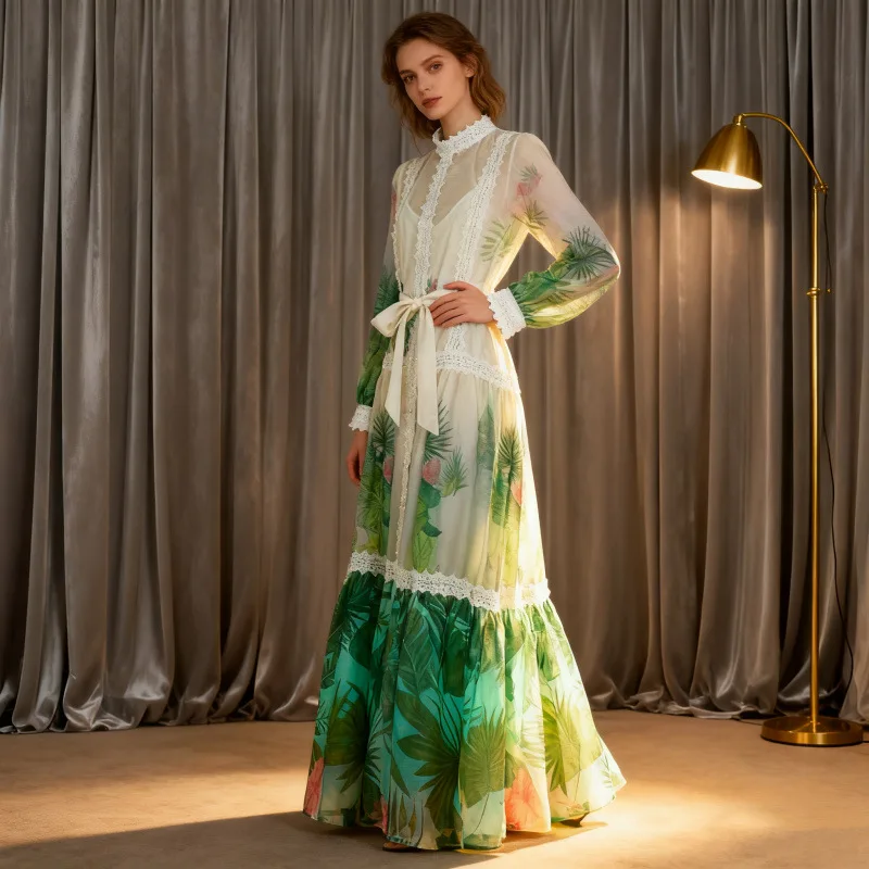 엘리 헤비 자수 레이스 트림 빈티지 랜턴 스탠드 칼라 프린트 벨티드 롱 드레스 캐주얼 하이 웨이스트 벨벳 원단