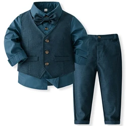 4Piece Spring Kids Clothes Boys Korean Outfit Set Fashion Gentleman Baby Tops+Vest+Pants+Tie Children Boutique Clothing BC1777