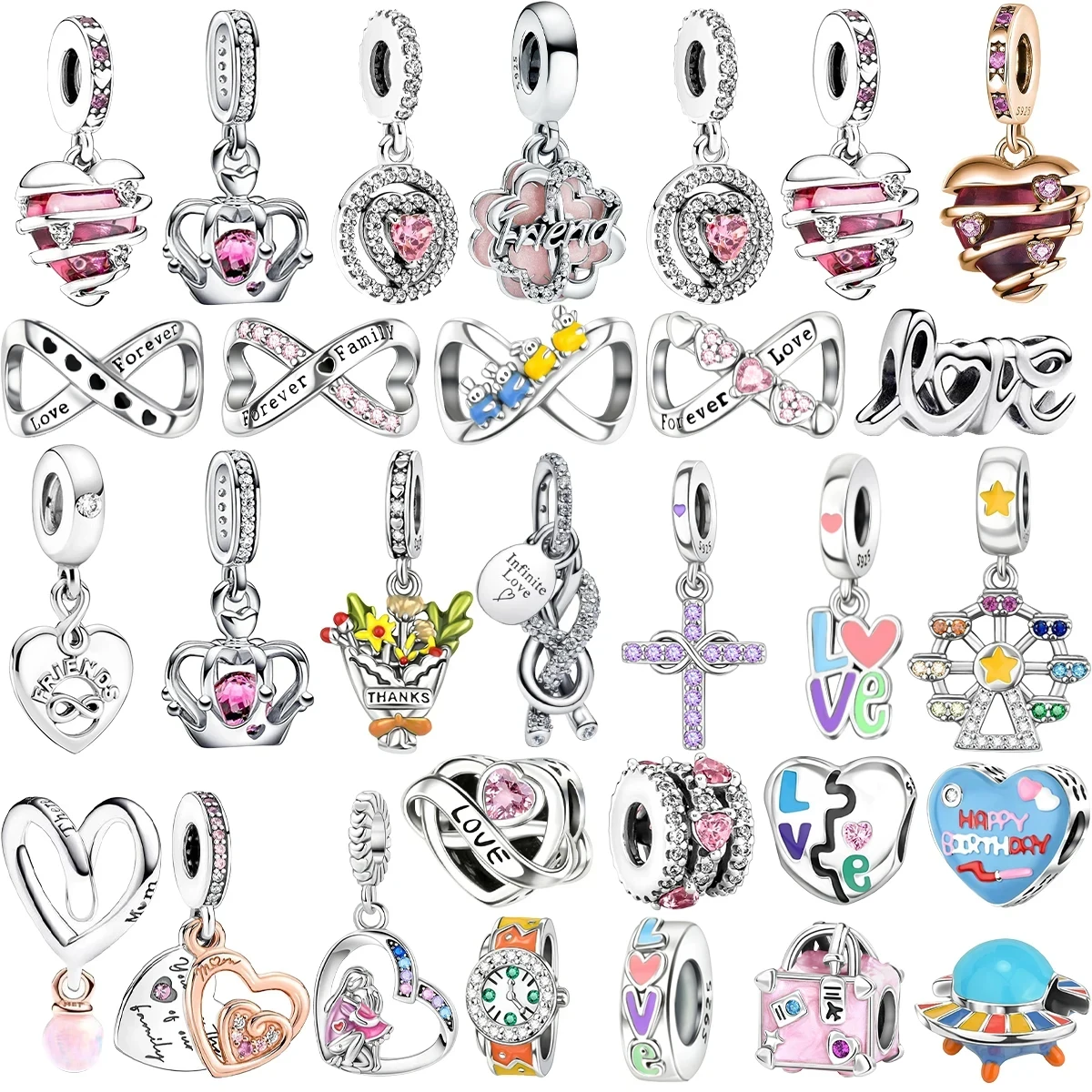 

New 925 Sterling Silver Colorful Infinite Heart Flower Charms Fit Original Pendant Bracelet Necklace DIY Ladies Fine Jewelry