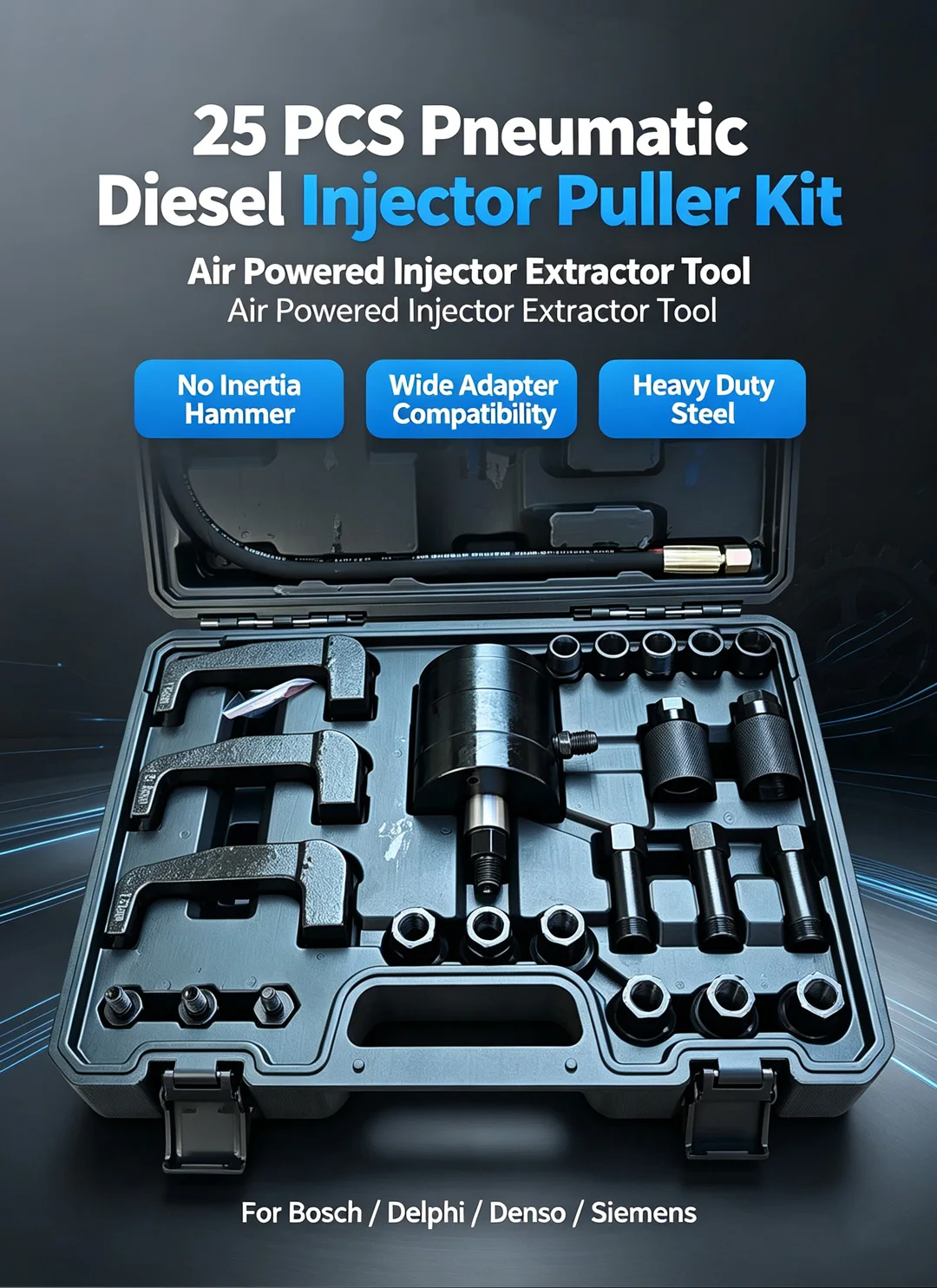25-teiliges NEUES Profi-Diesel-Injektor-Abzieherset Pneumatischer Injektor-Extraktor-Abzieher Auto-Werkzeugset – Detail 1