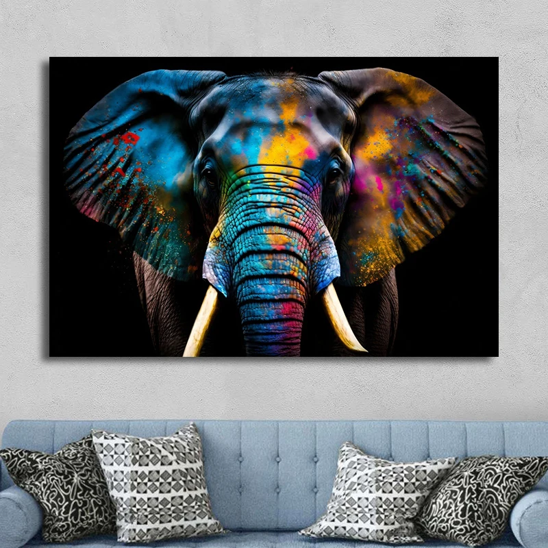 Modern Portrait Face of an Elephant with Colorful Paint Canvas Painting Elephant Posters Wall Art for Living Room Decoration