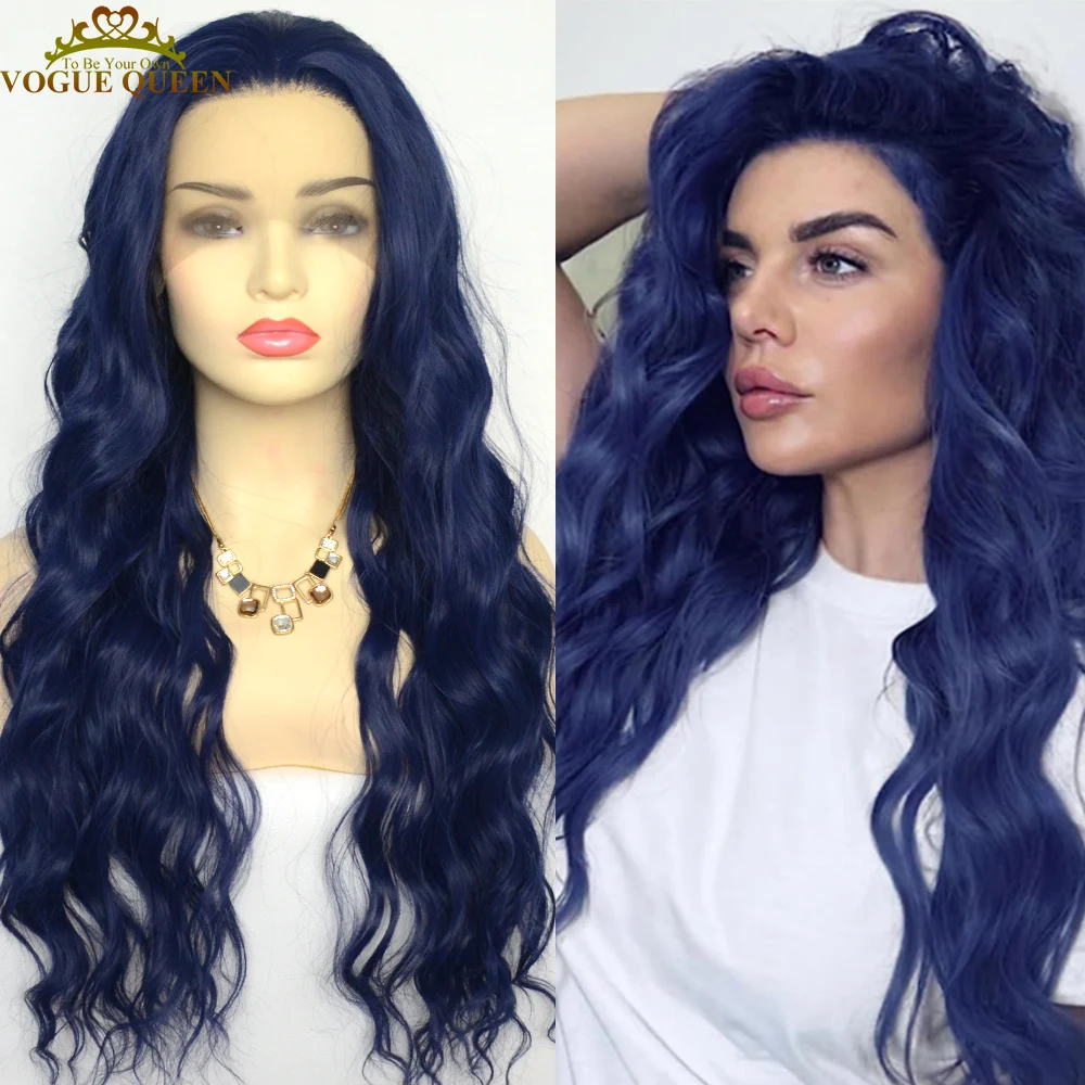 Voguequeen Dark Blue Deep Wave Synthetic Lace Front Wig Heat Resistant Fiber Cosplay Wig For Women