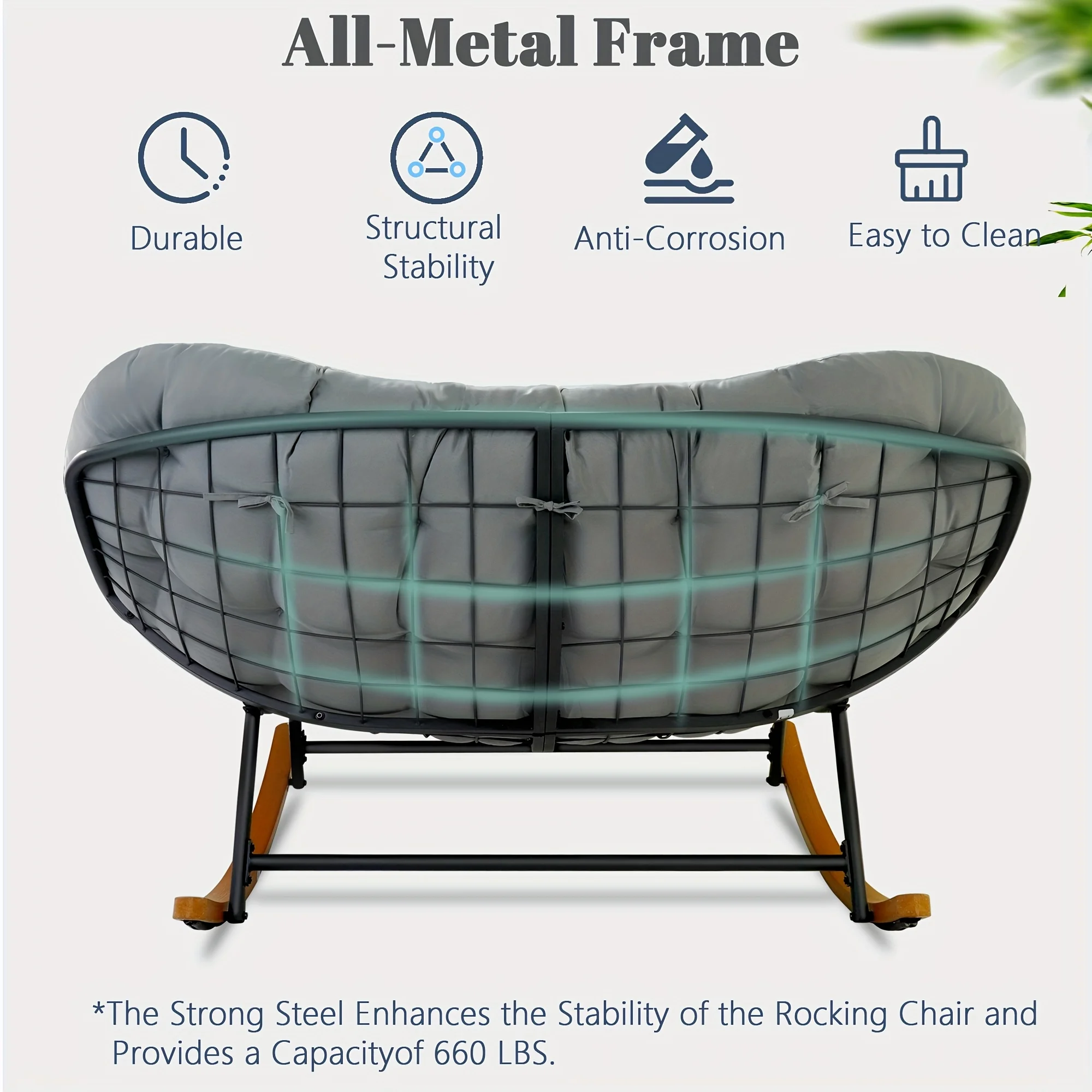 2027 NEW Outdoor Patio Rocking Chair, Extra-Large Double Papasan Rocking Chair with Coated Steel Frame and Thick Cushions.