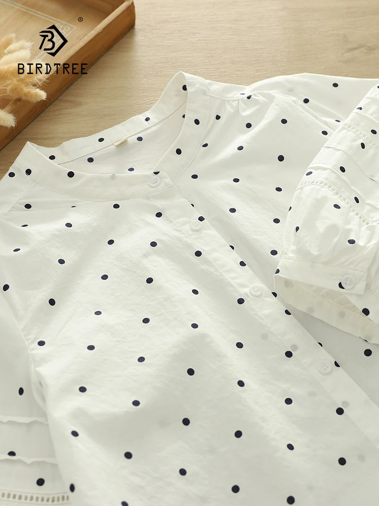 

New 2025 Summer Cotton 3/4 Sleeve Shirt, Women Stand Dot Print Hollow Out, Mori Girl French Retro Casual Loose Blouse T54417CC