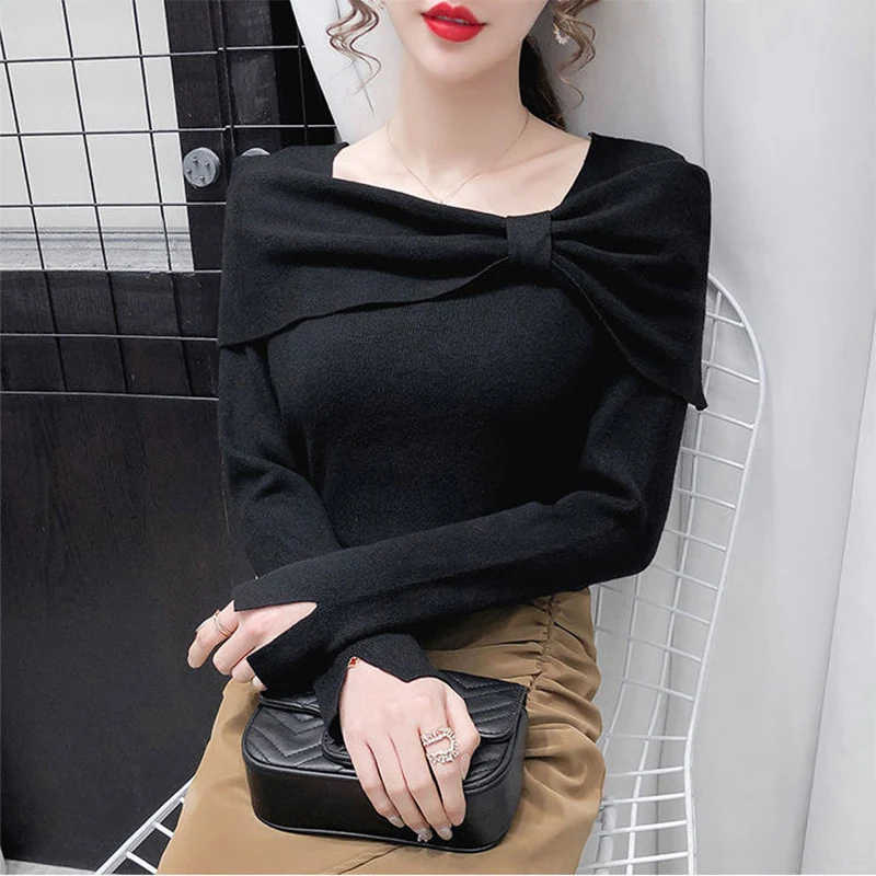 Autumn Winter Elegant Fashion Bow Sweater Ladies Slim Solid Color Slit Knitting Pullovers Women\'s Vintage All-match Jumpers Top